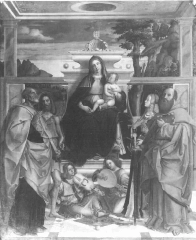 Bartolomeo Montagna-52-Madonna con Bambino in trono tra San Pietro, San Giovanni Battista, San Paolo, Santa Caterina  - Chiesa di S. Maria in Vanzo, Padova